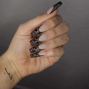 Black Lace French tip nude valentines press on nails